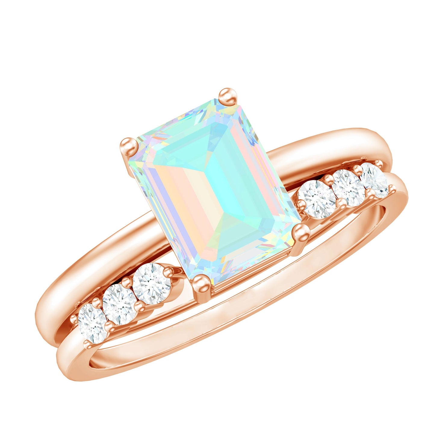 2 Carat Emerald Cut Ethiopian Opal Solitaire Ring Set with Diamond Enhancer