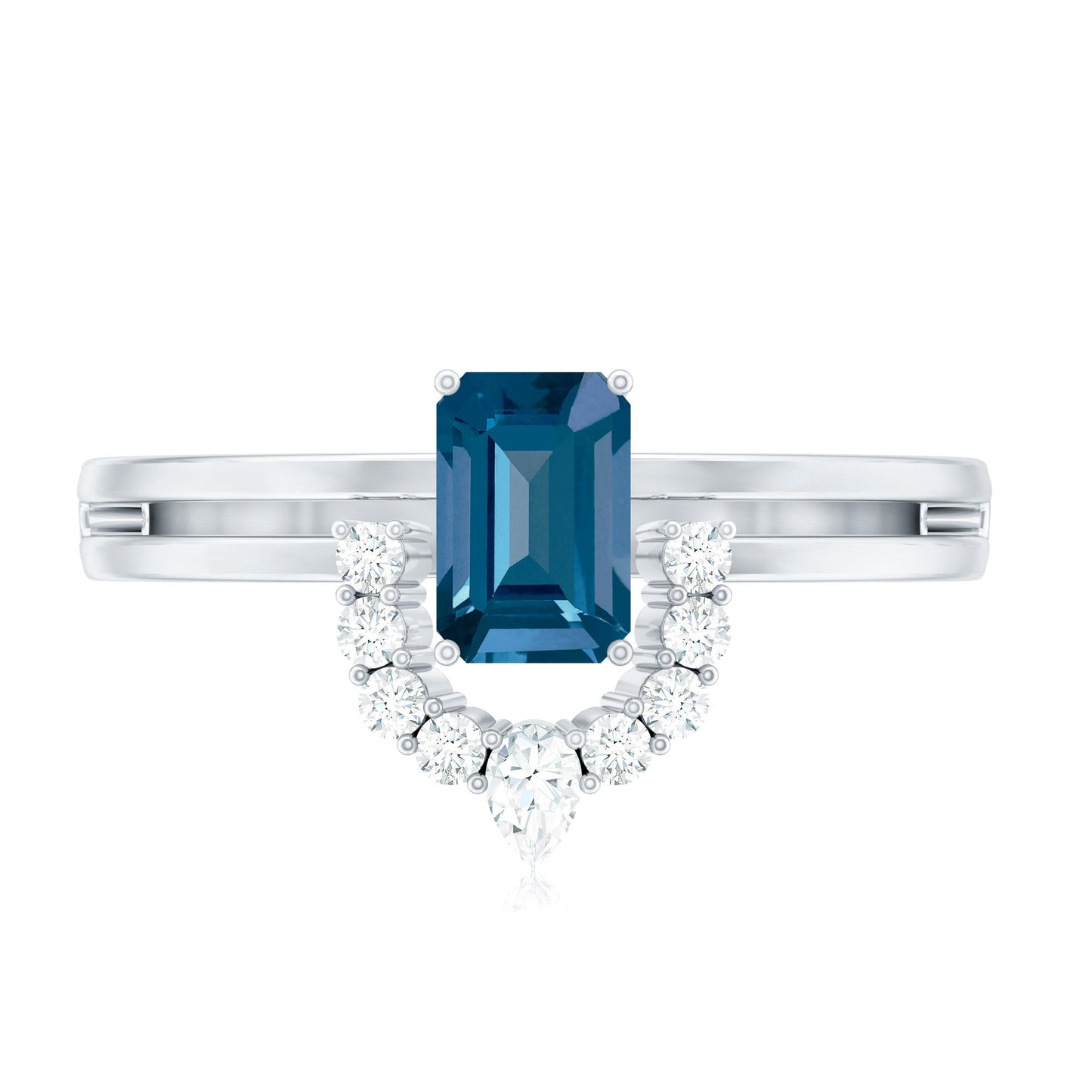 Emerald Cut London Blue Topaz Double Band Engagement Ring with Diamond