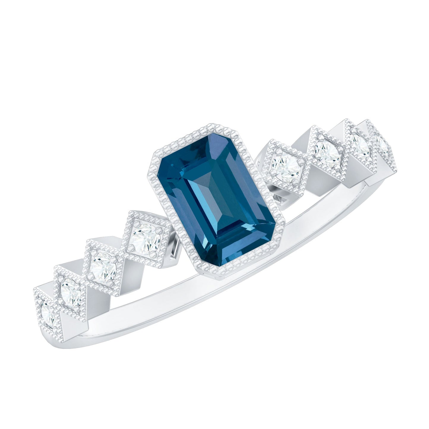 0.7 Carat Emerald Cut London Blue Topaz Engagement Ring with Beaded Details