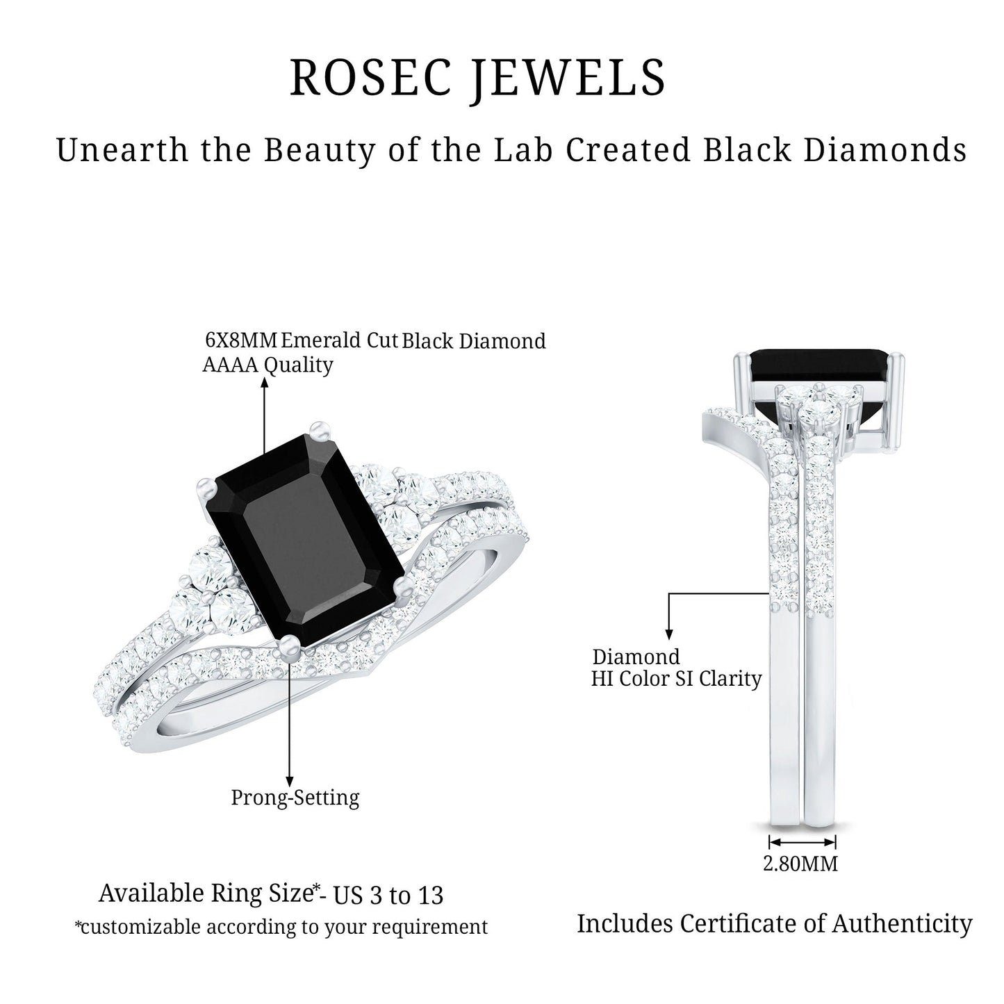 Certified 1.6 Carat Emerald Cut Lab Grown Black and White Diamond Wedding Ring Set