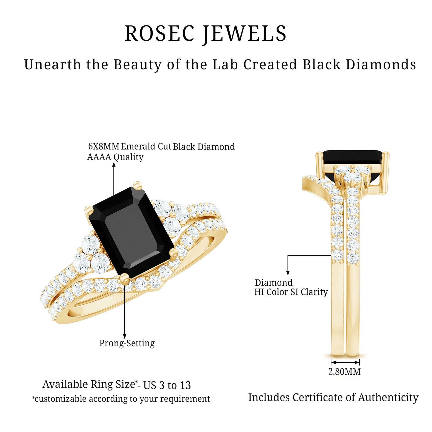 Certified 1.6 Carat Emerald Cut Lab Grown Black and White Diamond Wedding Ring Set