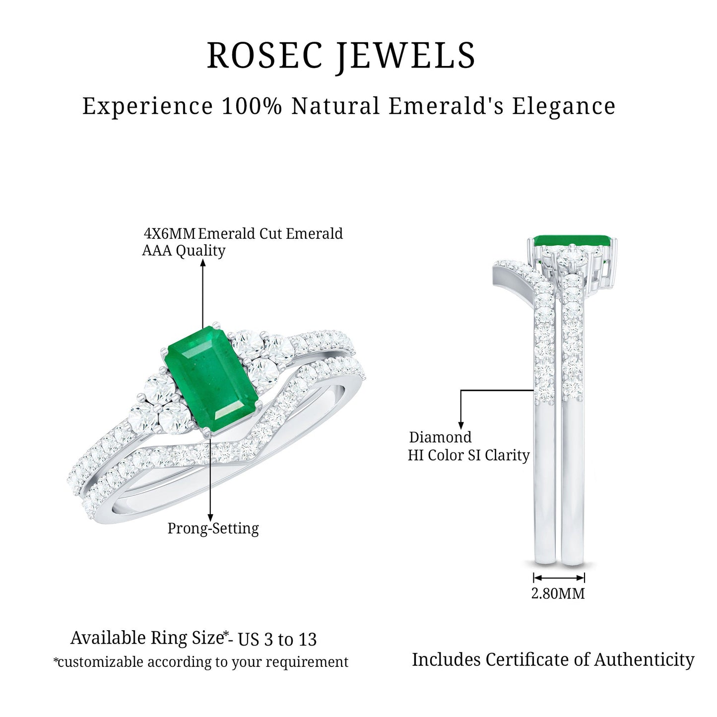 Genuine 0.6 Carat Emerald Cut Emerald Diamond Bridal Ring Set of 2
