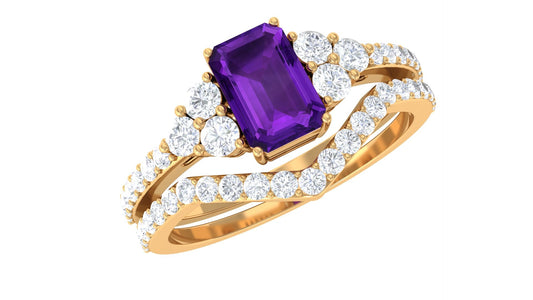Genuine 1.4 Carat Emerald Cut Amethyst Wedding Ring Set with Diamond