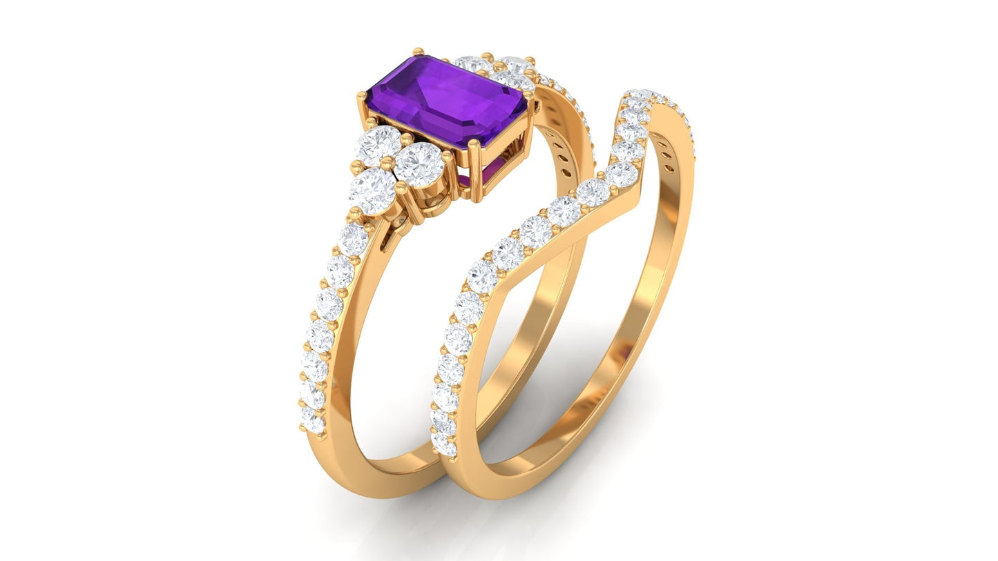 Genuine 1.4 Carat Emerald Cut Amethyst Wedding Ring Set with Diamond