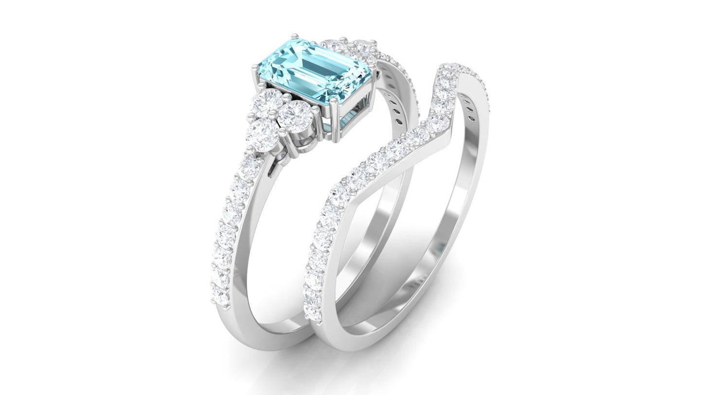 Genuine Aquamarine and Diamond Emerald Cut Wedding Ring Set with Certificate