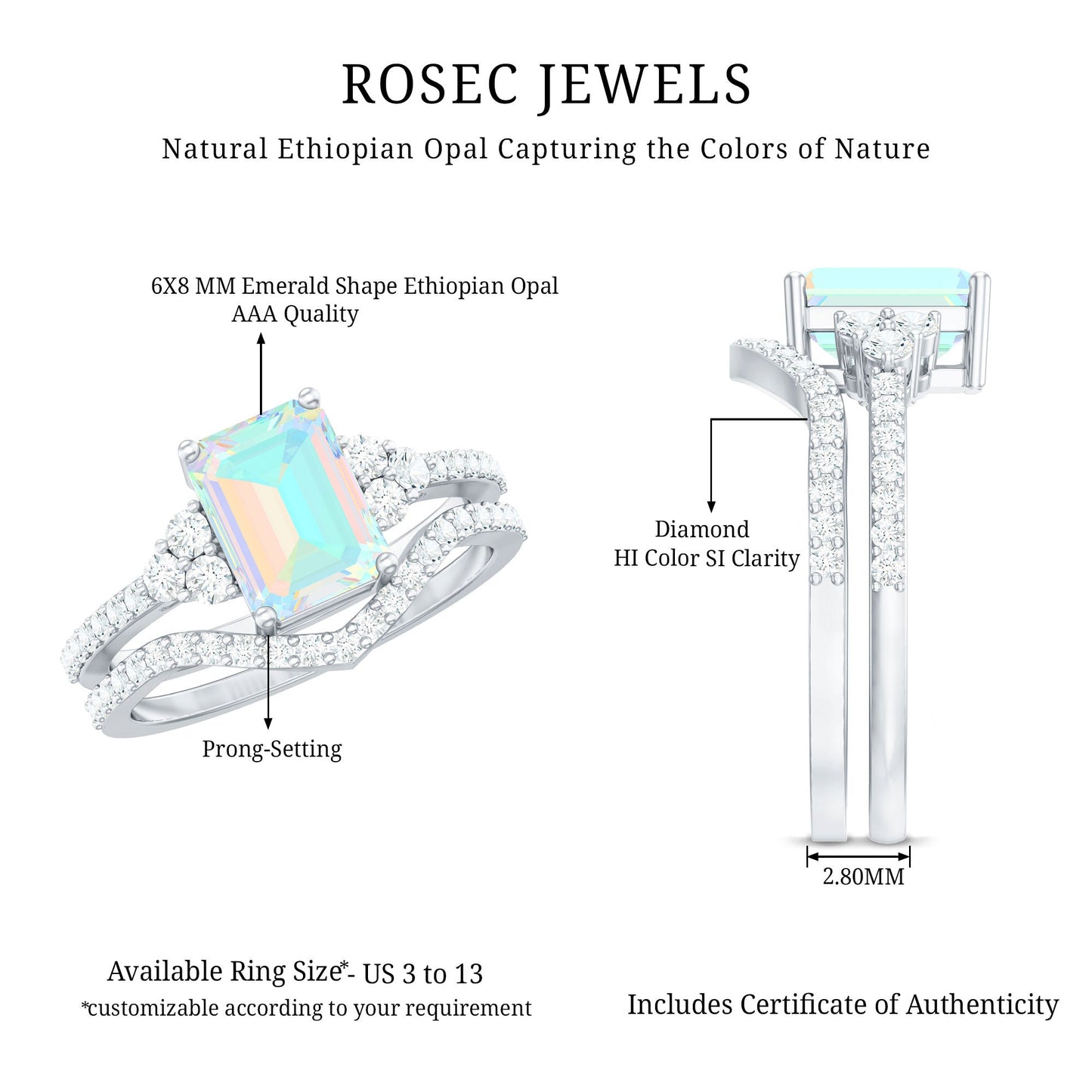 2 Carat Emerald Cut Ethiopian Opal Bridal Ring Set with Diamond Band