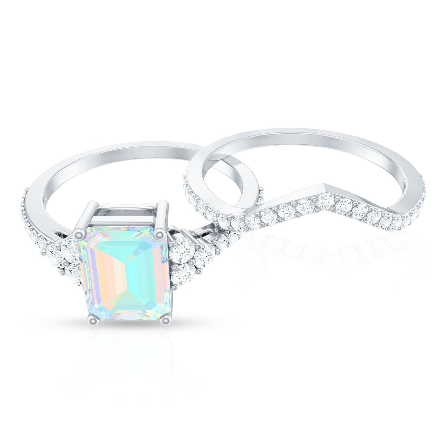 2 Carat Emerald Cut Ethiopian Opal Bridal Ring Set with Diamond Band