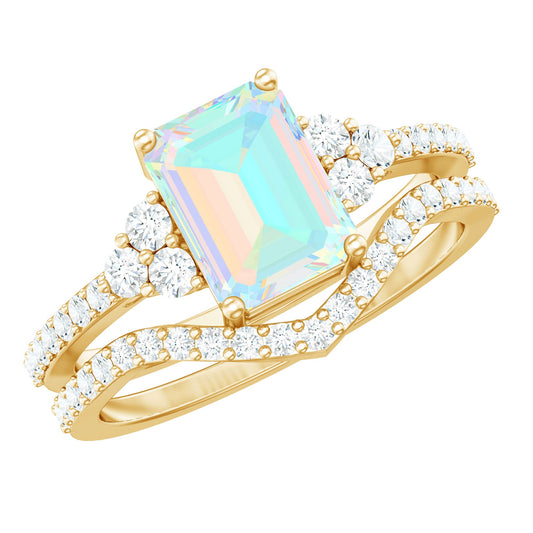 2 Carat Emerald Cut Ethiopian Opal Bridal Ring Set with Diamond Band