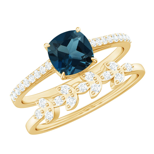 2.8 Carat Cushion Cut London Blue Topaz and Diamond Engagement Ring with Wedding Band
