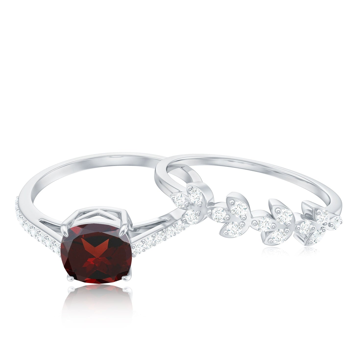 3.2 Carat Natural Cushion Cut Garnet Diamond Wedding Bridal Ring Set of 2