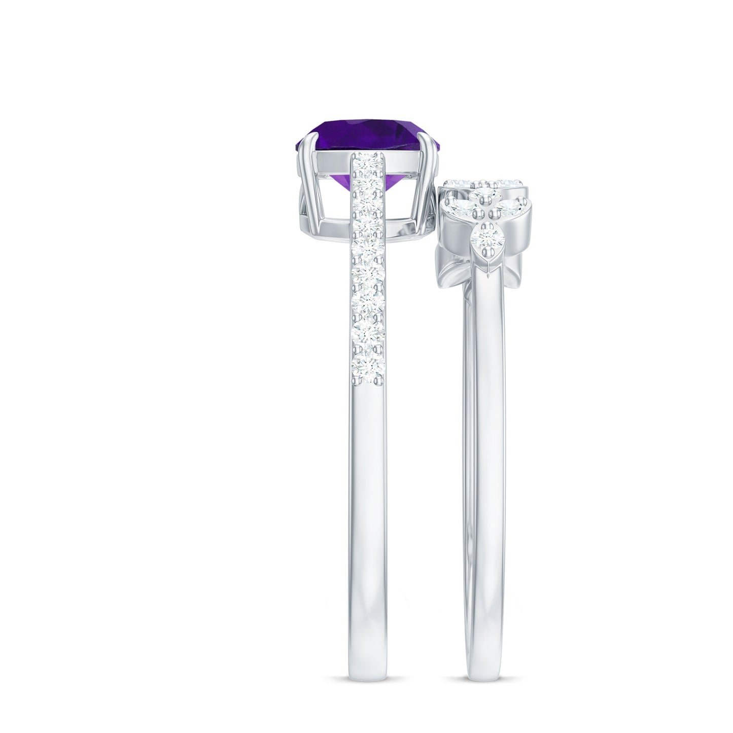 Natural 2 Carat Cushion Cut Amethyst Wedding Bridal Ring Set with Diamond