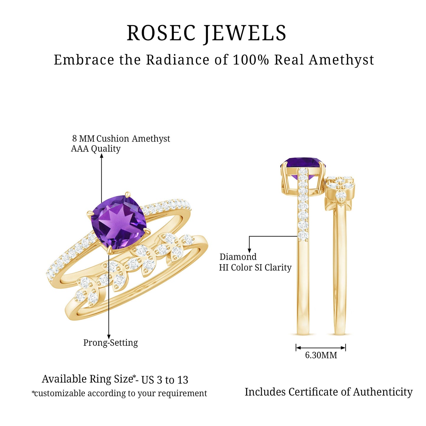 Natural 2 Carat Cushion Cut Amethyst Wedding Bridal Ring Set with Diamond
