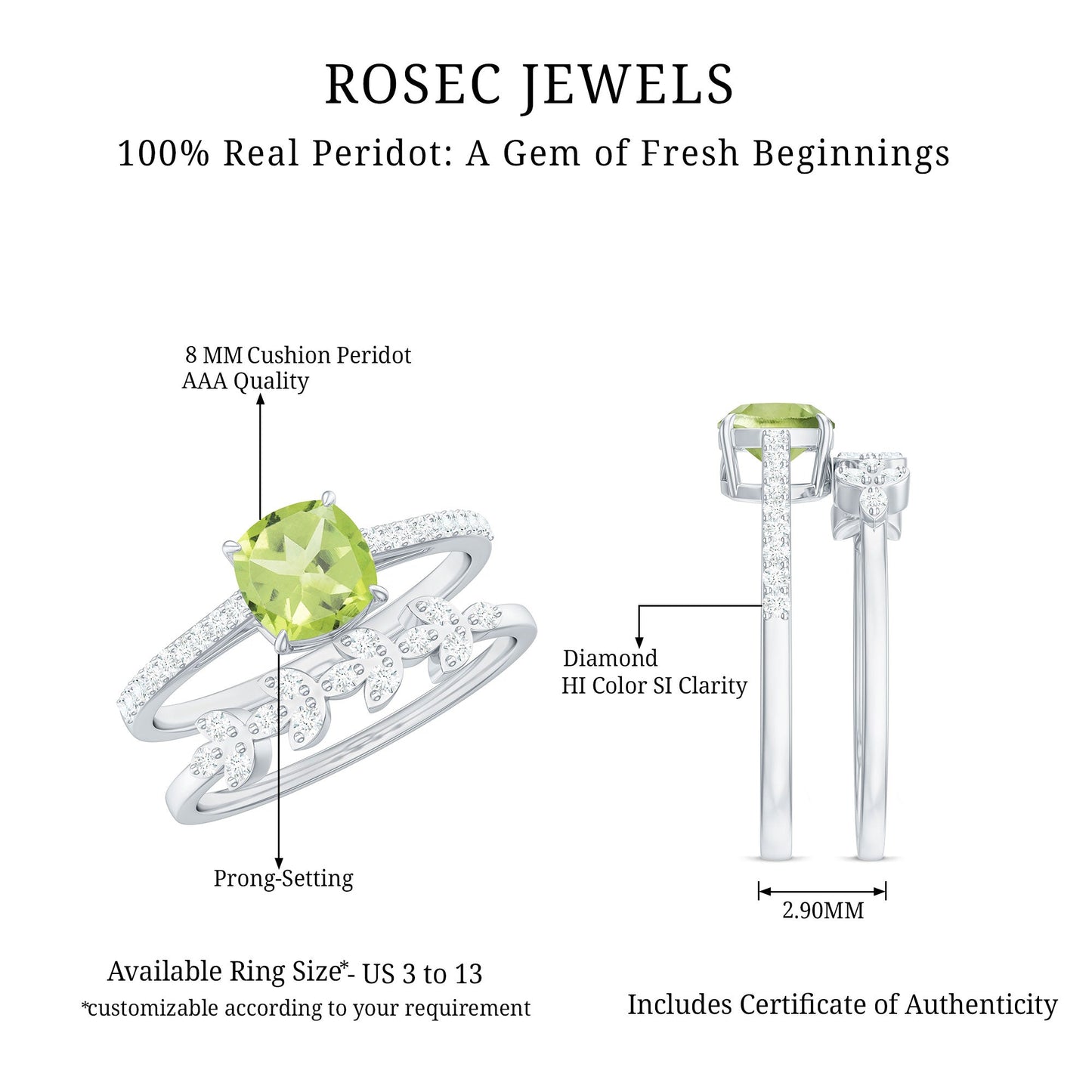 Certified Real 2 Carat Cushion Cut Peridot Engagement Ring with Diamond Enhancer