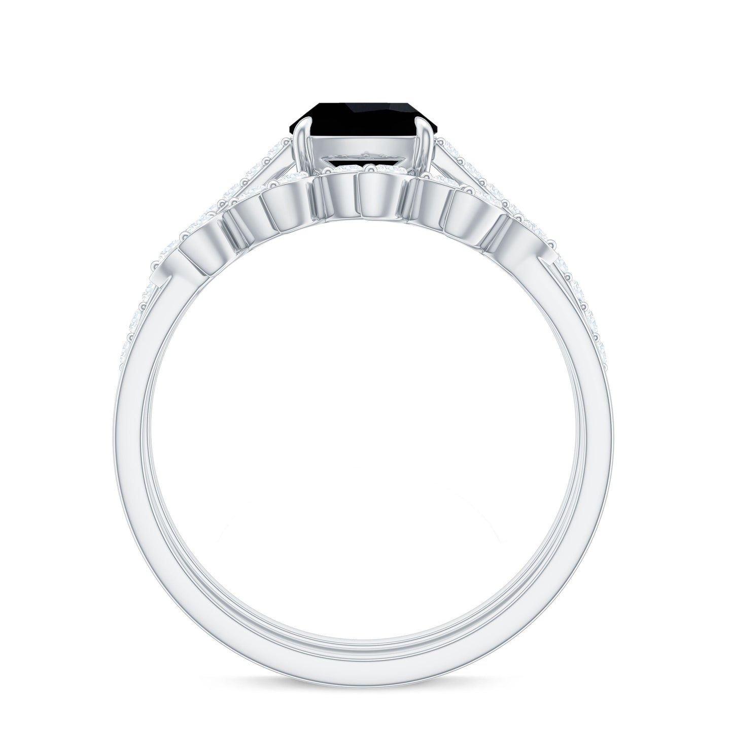 Cushion Cut Black Onyx and Diamond Engagement Ring with Leaf Wedding Band