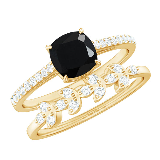 Cushion Cut Black Onyx and Diamond Engagement Ring with Leaf Wedding Band