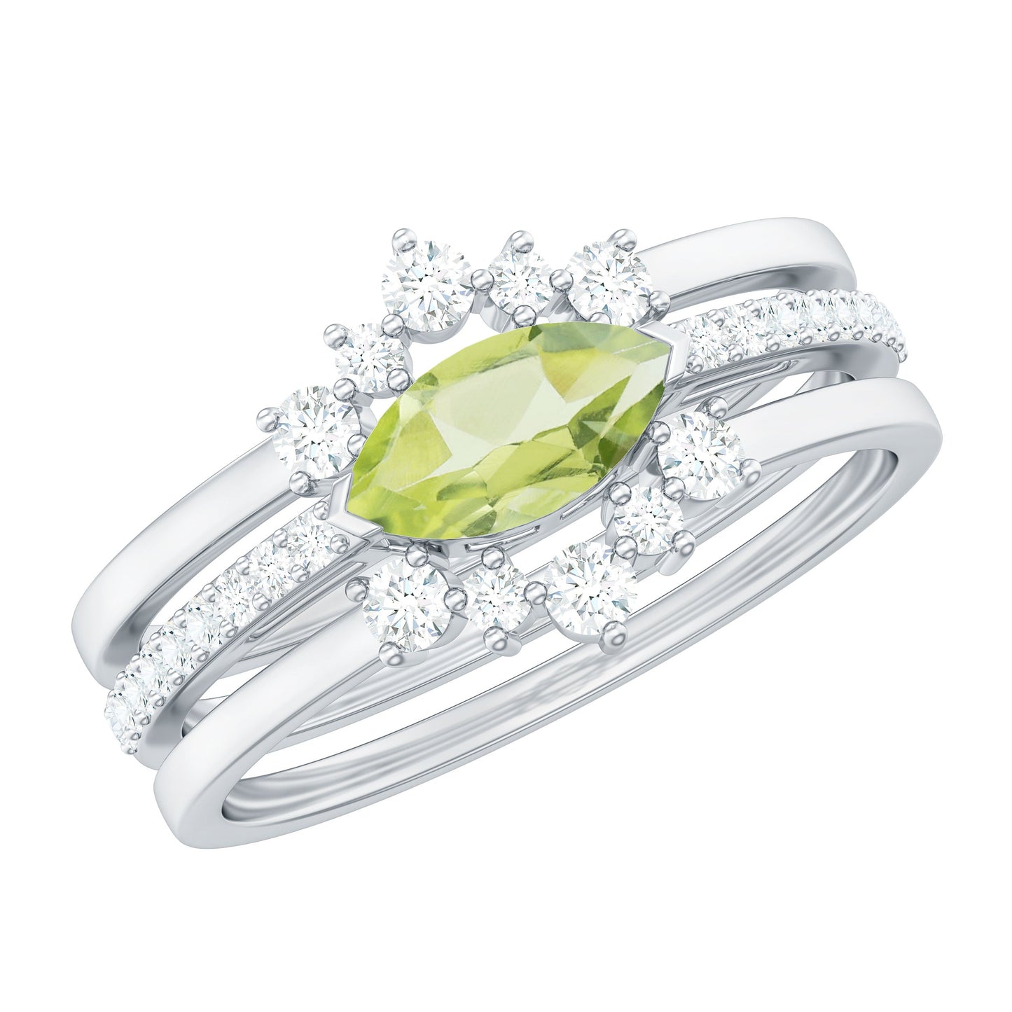 0.7 Carat East West Style Peridot 3 Piece Bridal Ring Set with Diamond