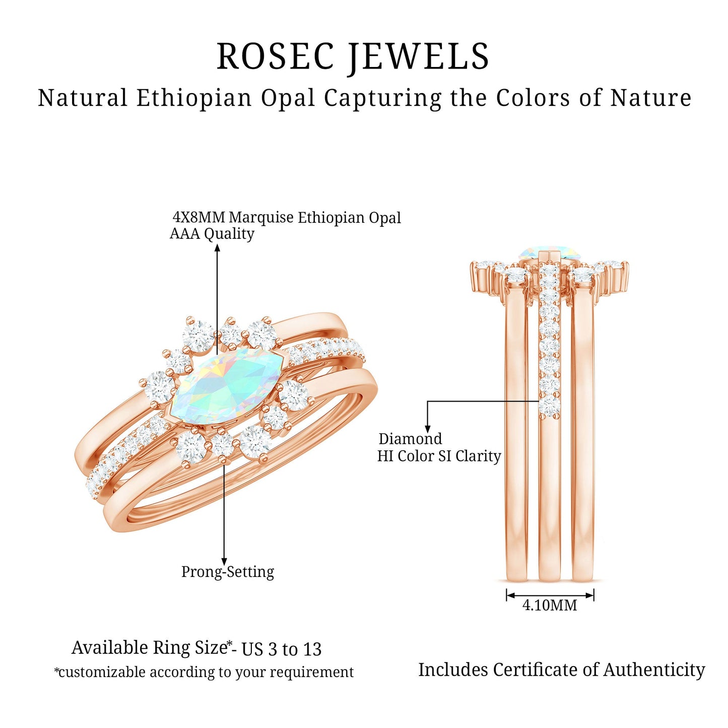Certified Real Ethiopian Opal Diamond Wedding Bridal Ring Set of 3