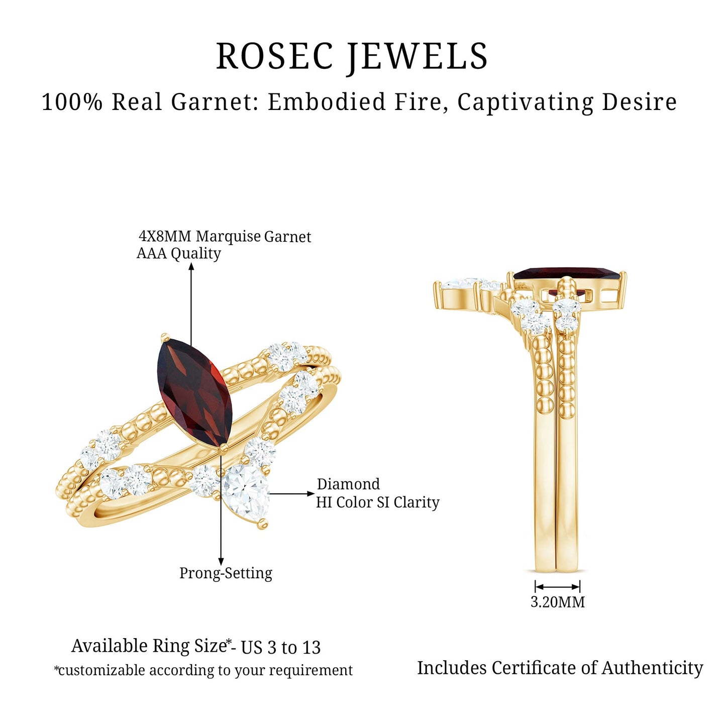 Certified Real Marquise Garnet Diamond Wedding Bridal Ring Set