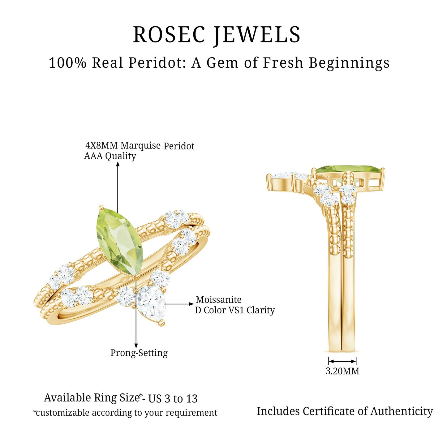 Natural Peridot Marquise Engagement Ring With Wedding Band