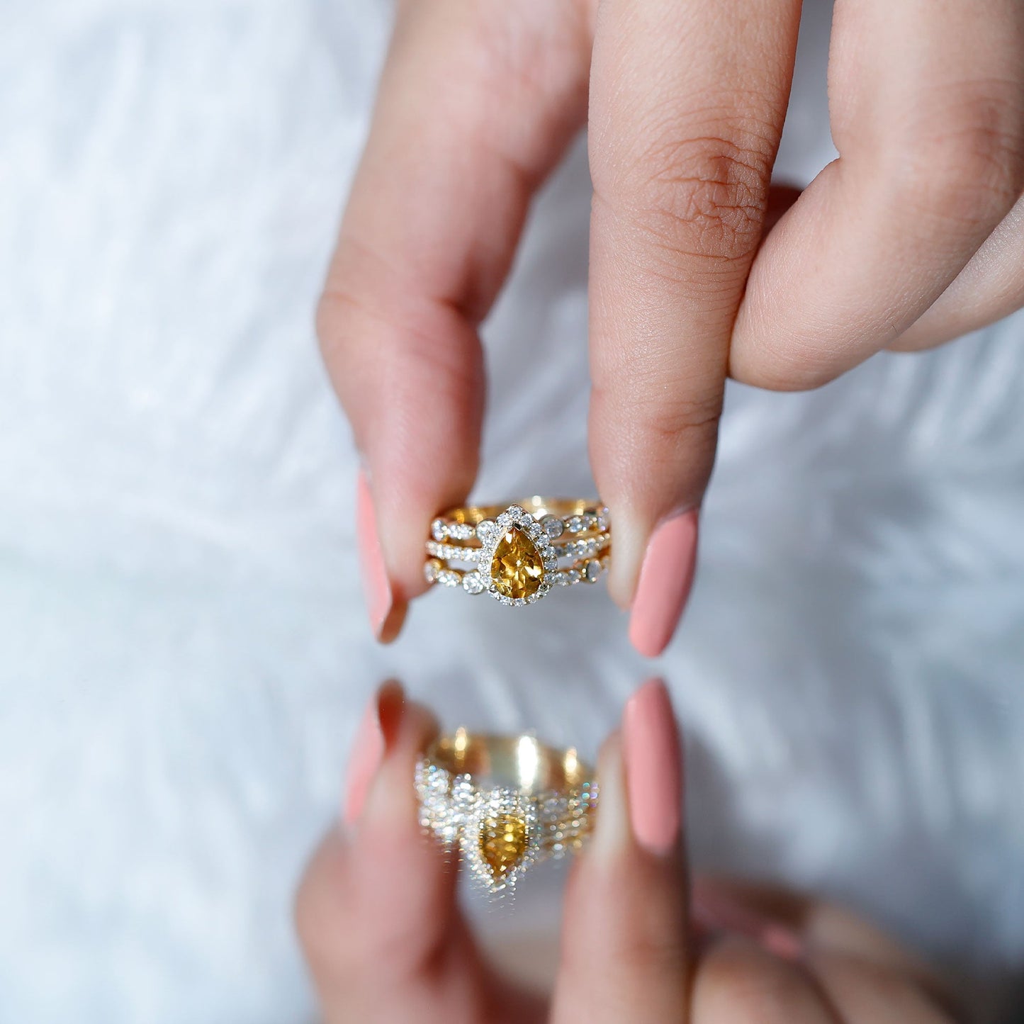 Pear Cut Citrine Bridal Trio Ring Set with Moissanite Band
