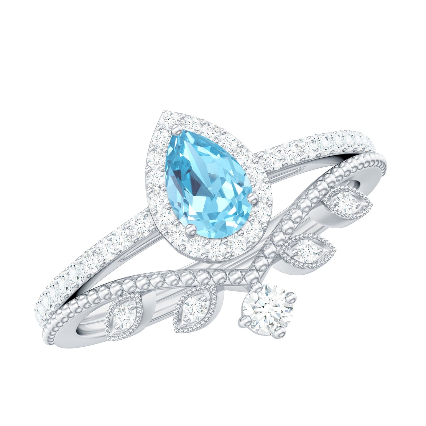 Vintage Looking Aquamarine and Diamond Teardrop Wedding Ring Set for Women