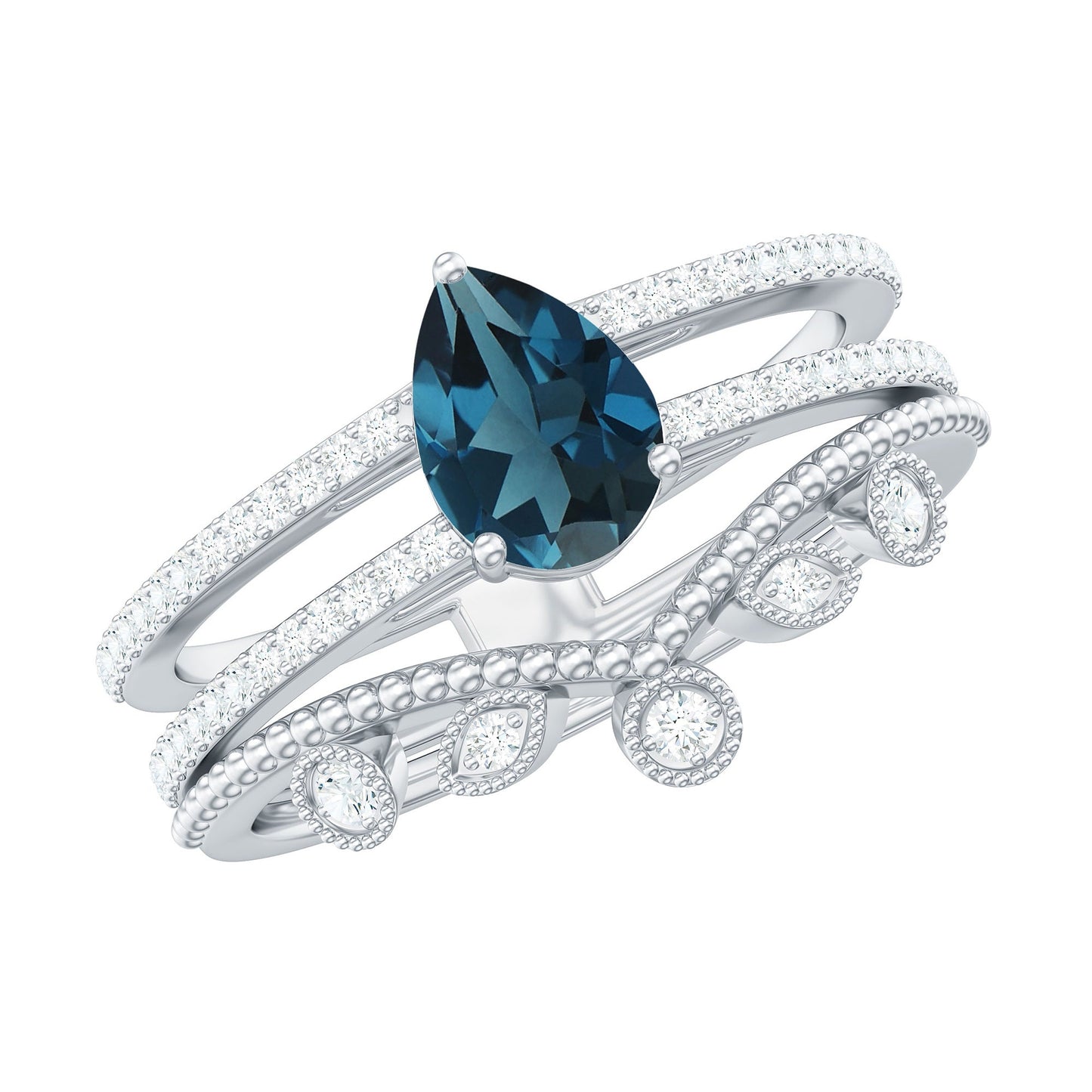 Pear London Blue Topaz Double Band Engagement Ring with Diamond Enhancer