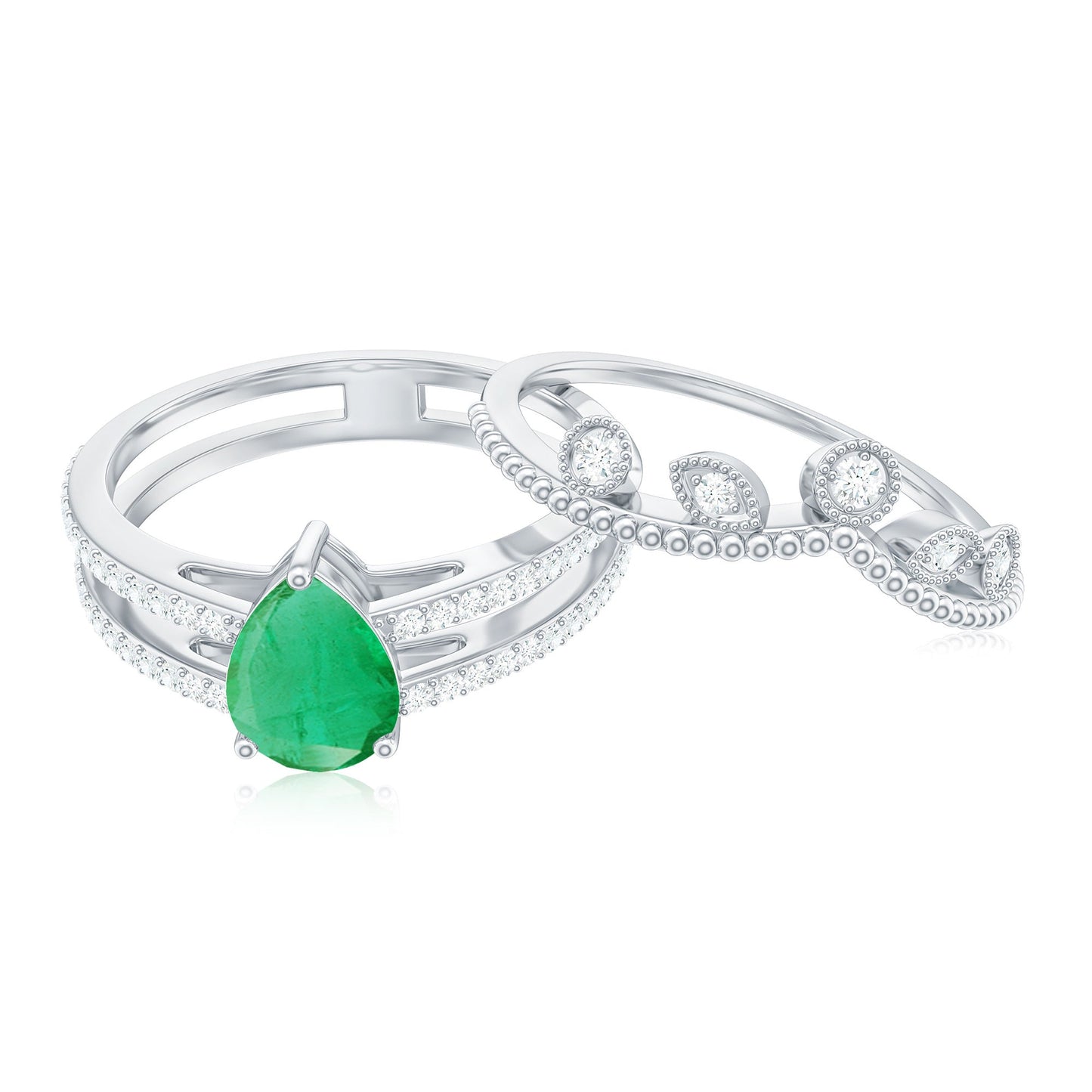 Vintage Style Emerald Diamond Wedding Bridal Ring Set