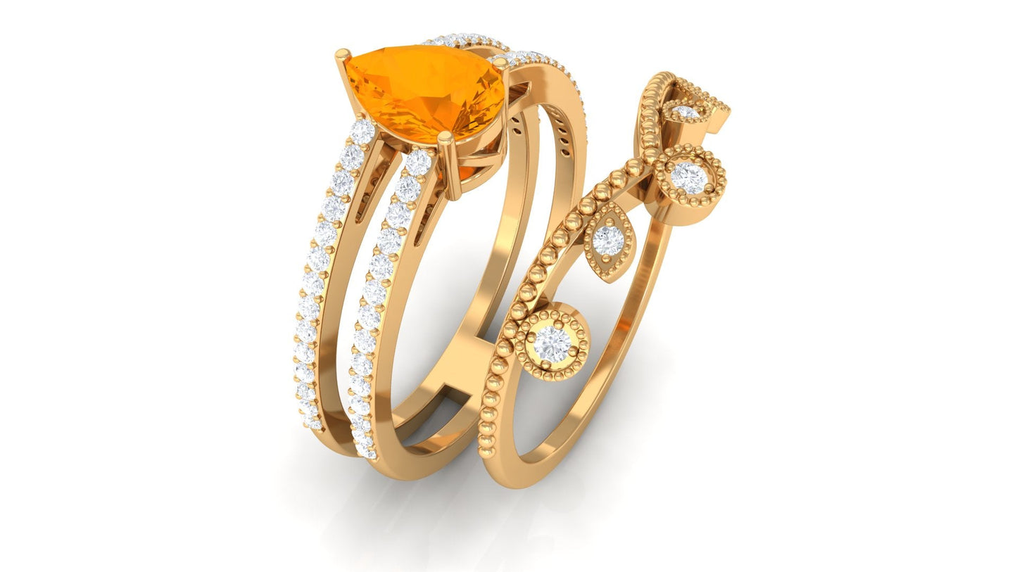 Pear Cut Fire Opal and Diamond Vintage Engagement Ring with Wedding Band Set
