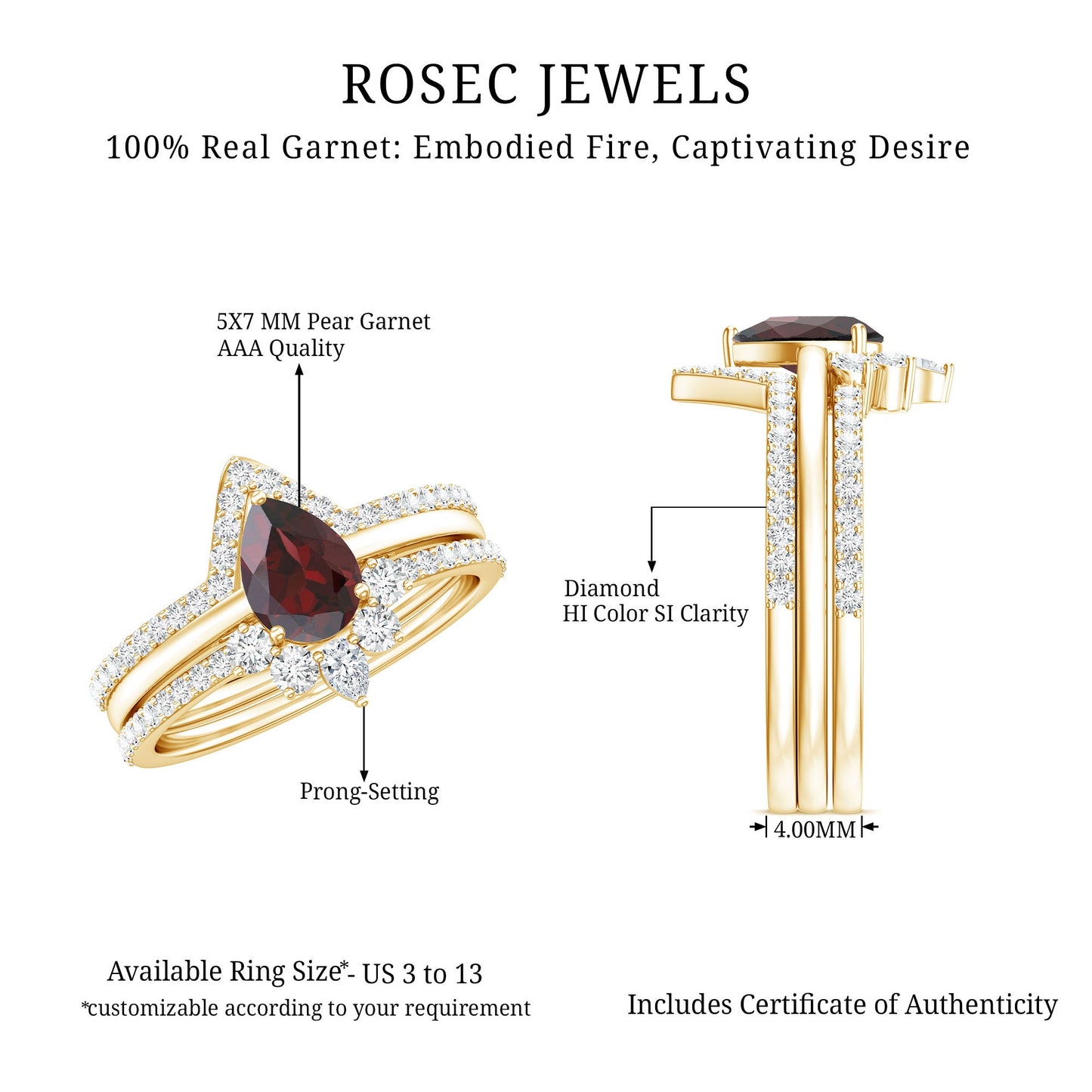 Natural 0.8 Carat Pear Shaped Garnet Diamond 3 Piece Bridal Ring Set
