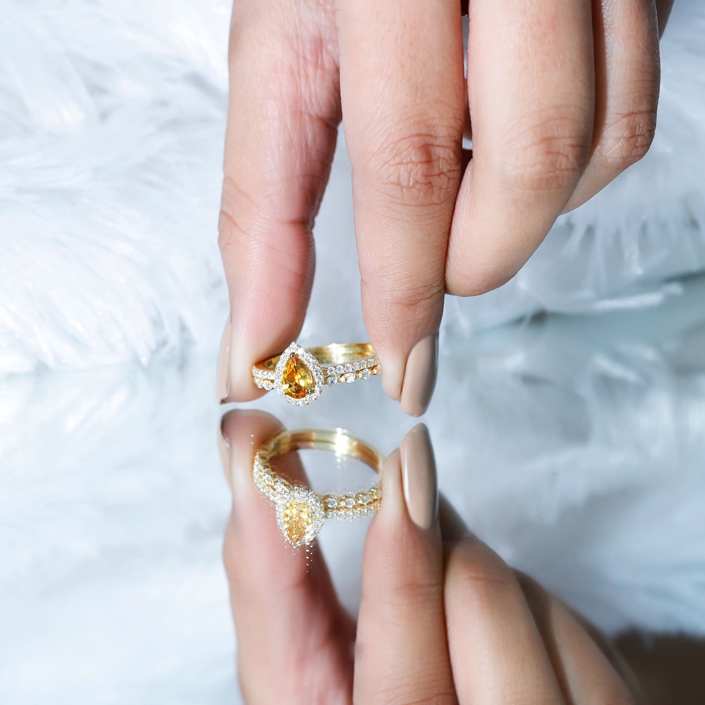Real 0.6 Carat Citrine Teardrop Bridal Ring Set with Diamond