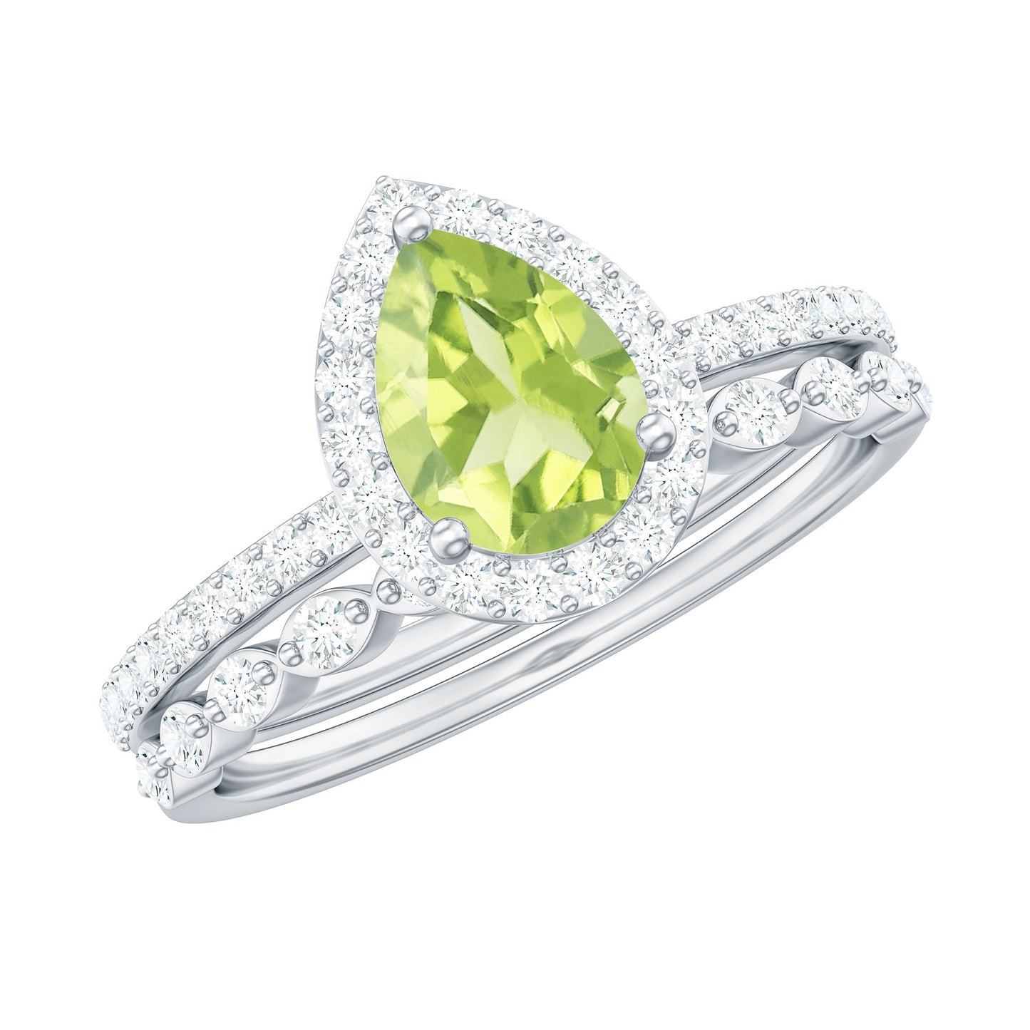 Natural 1 Carat Pear Shape Peridot Wedding Bridal Ring Set with Diamond