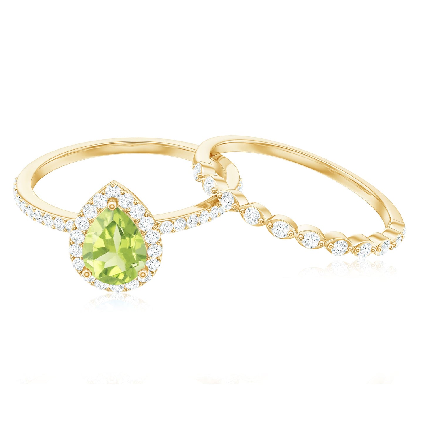 Natural 1 Carat Pear Shape Peridot Wedding Bridal Ring Set with Diamond