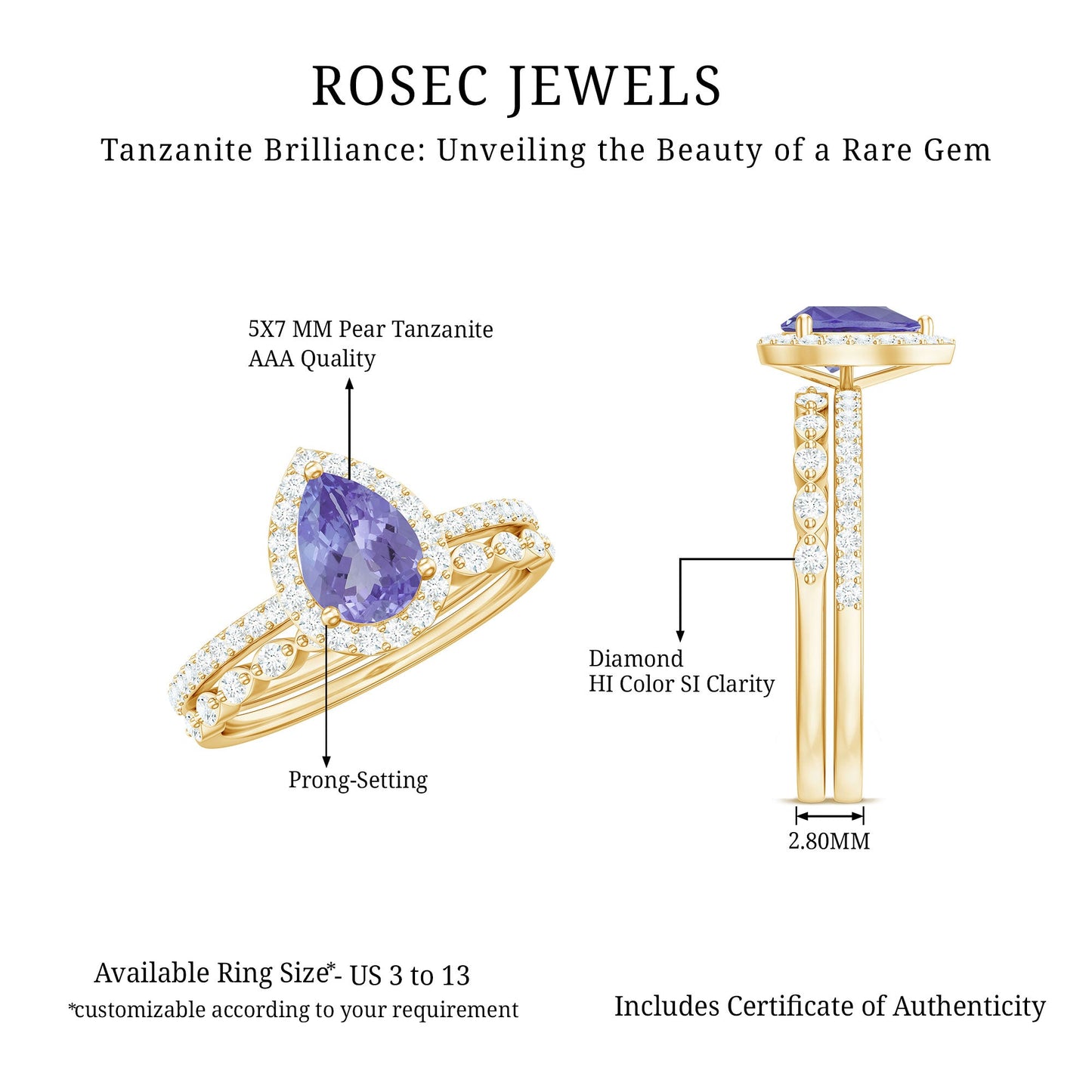 Natural 0.8 Carat Pear Shape Tanzanite Diamond Wedding Engagement Ring Set of 2