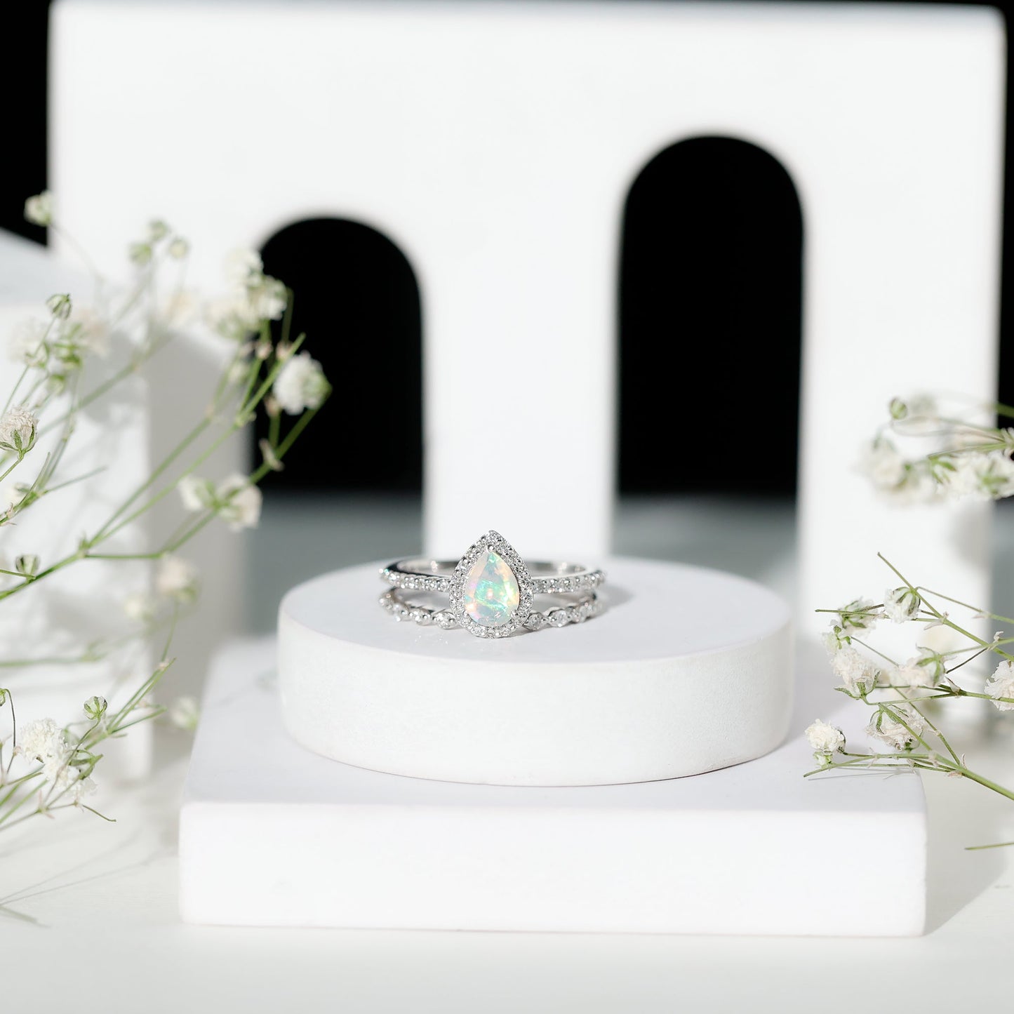 Natural Ethiopian Opal Diamond Pear Shaped Engagement Ring and Wedding Band Set