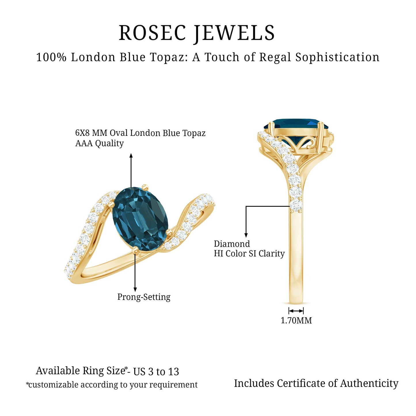 1 Carat Oval Cut London Blue Topaz and Diamond Bypass Engagement Ring