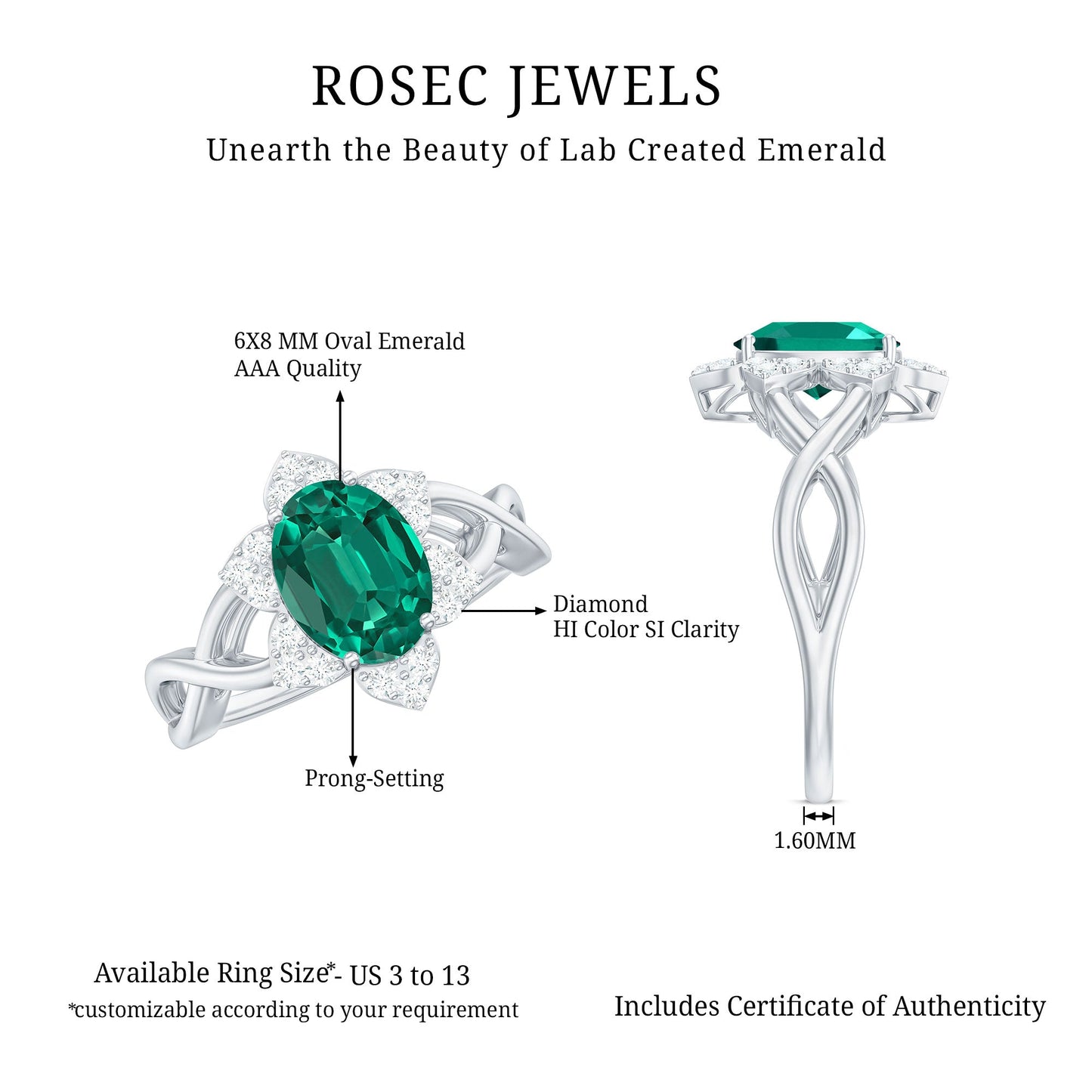 Certified Oval Lab Grown Emerald Diamond Flower Engagement Ring with Crossover Shank