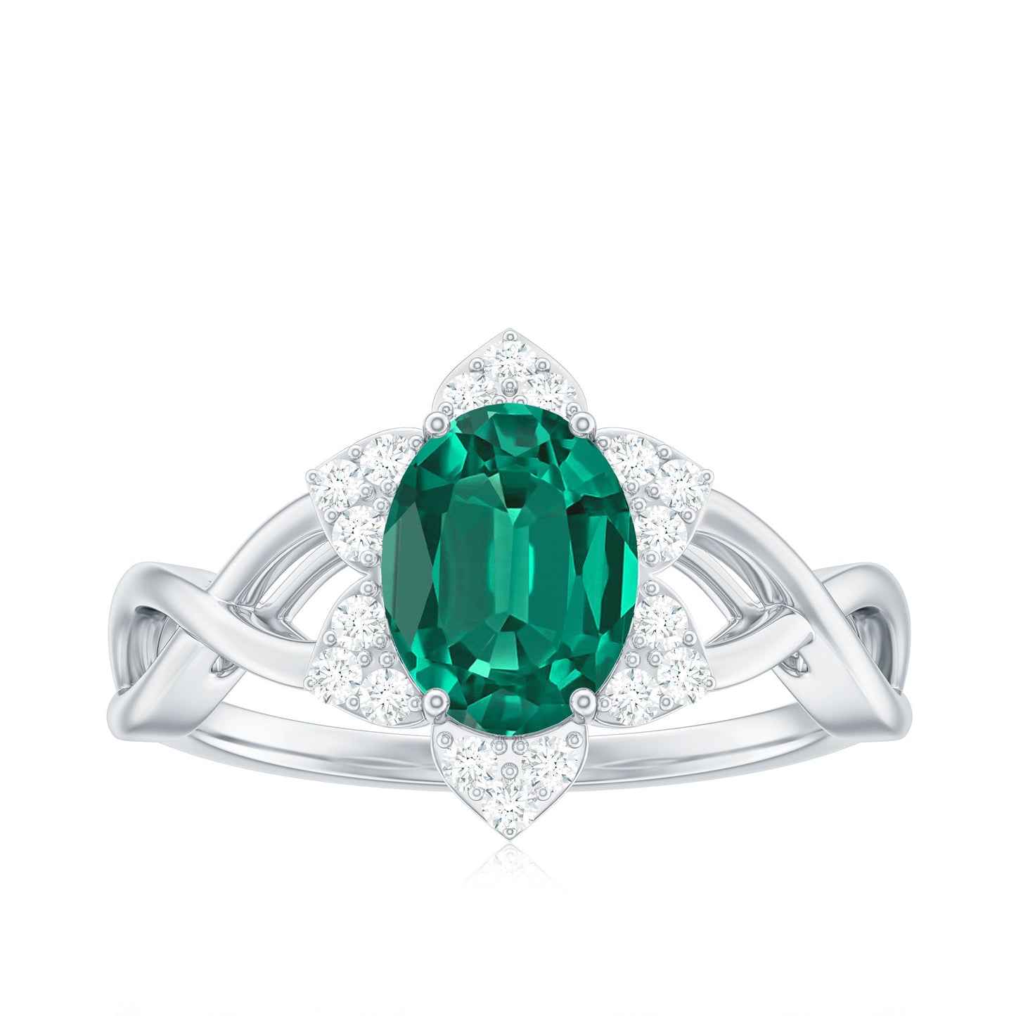 Certified Oval Lab Grown Emerald Diamond Flower Engagement Ring with Crossover Shank