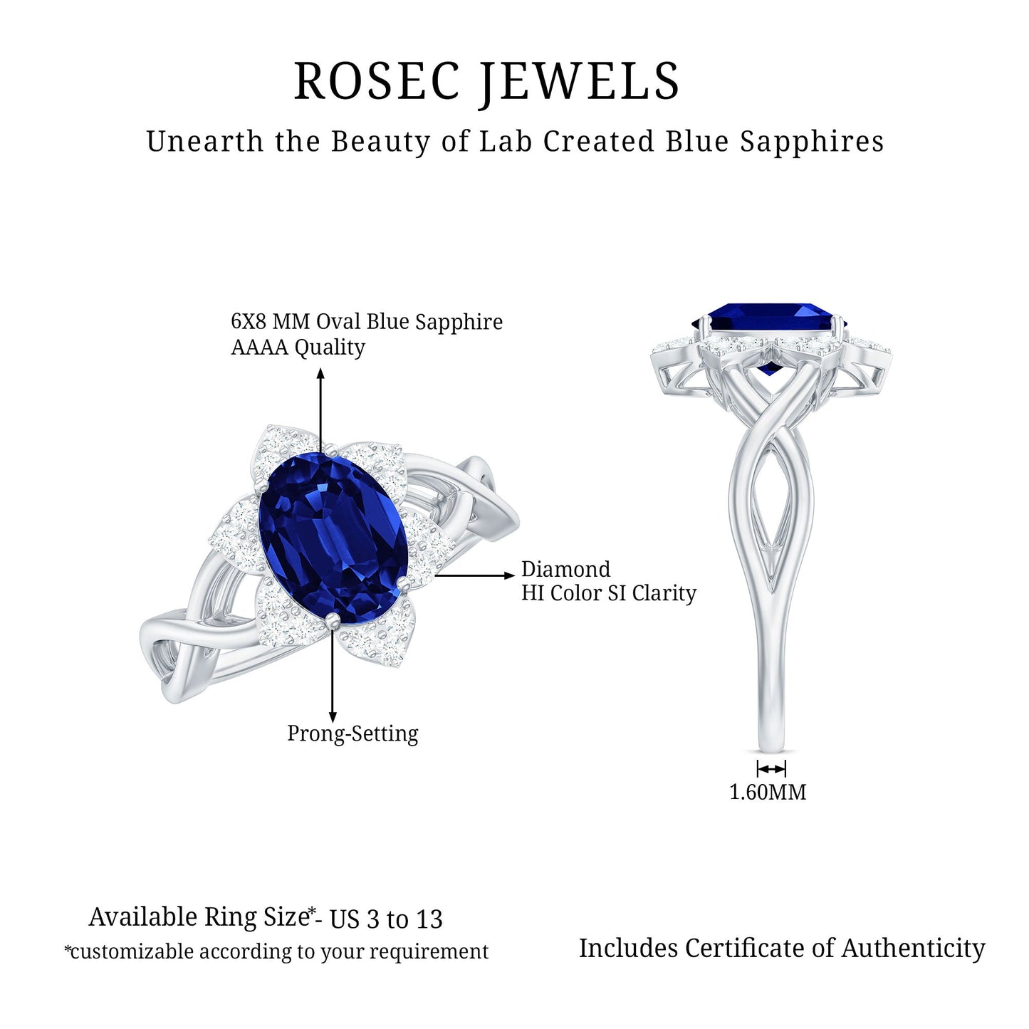 Certified 1.5 Carat Lab Grown Blue Sapphire Engagement Ring with Flower Diamond Halo