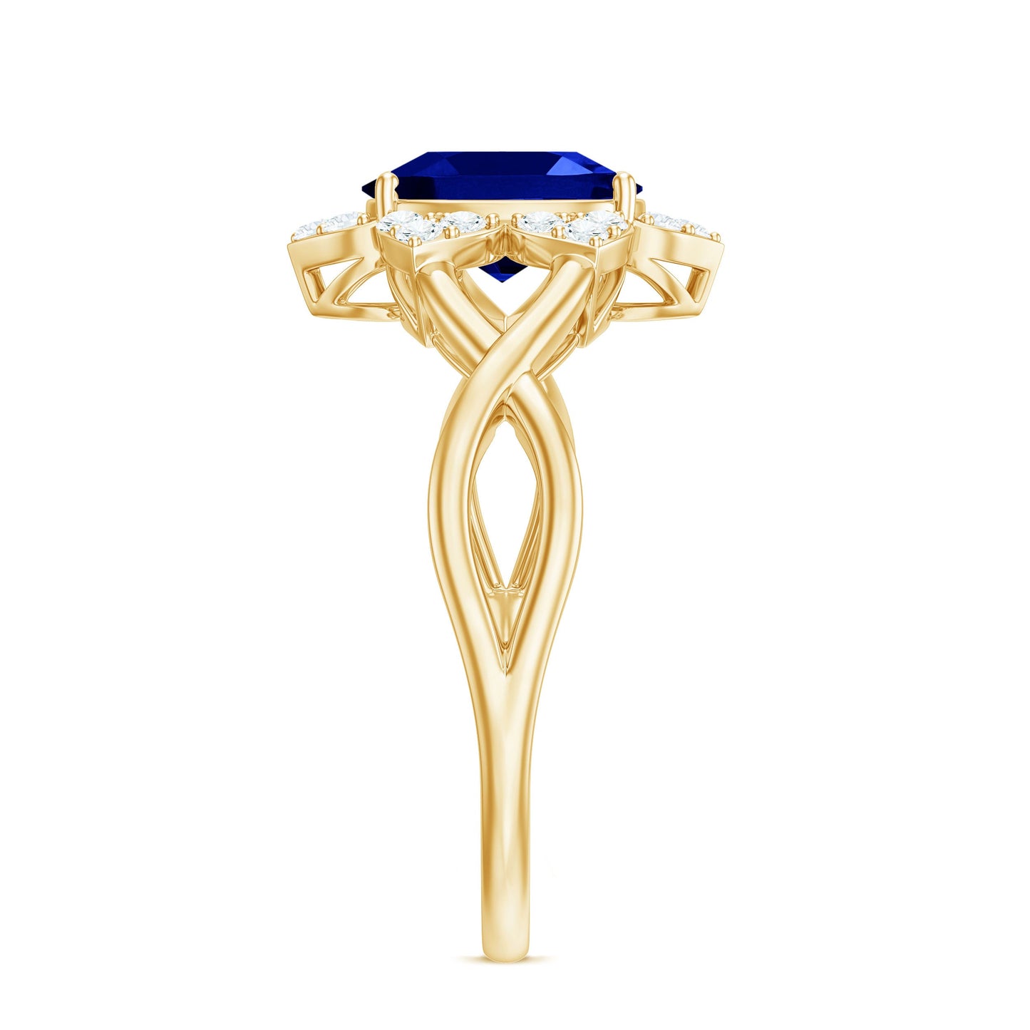 Certified 1.5 Carat Lab Grown Blue Sapphire Engagement Ring with Flower Diamond Halo
