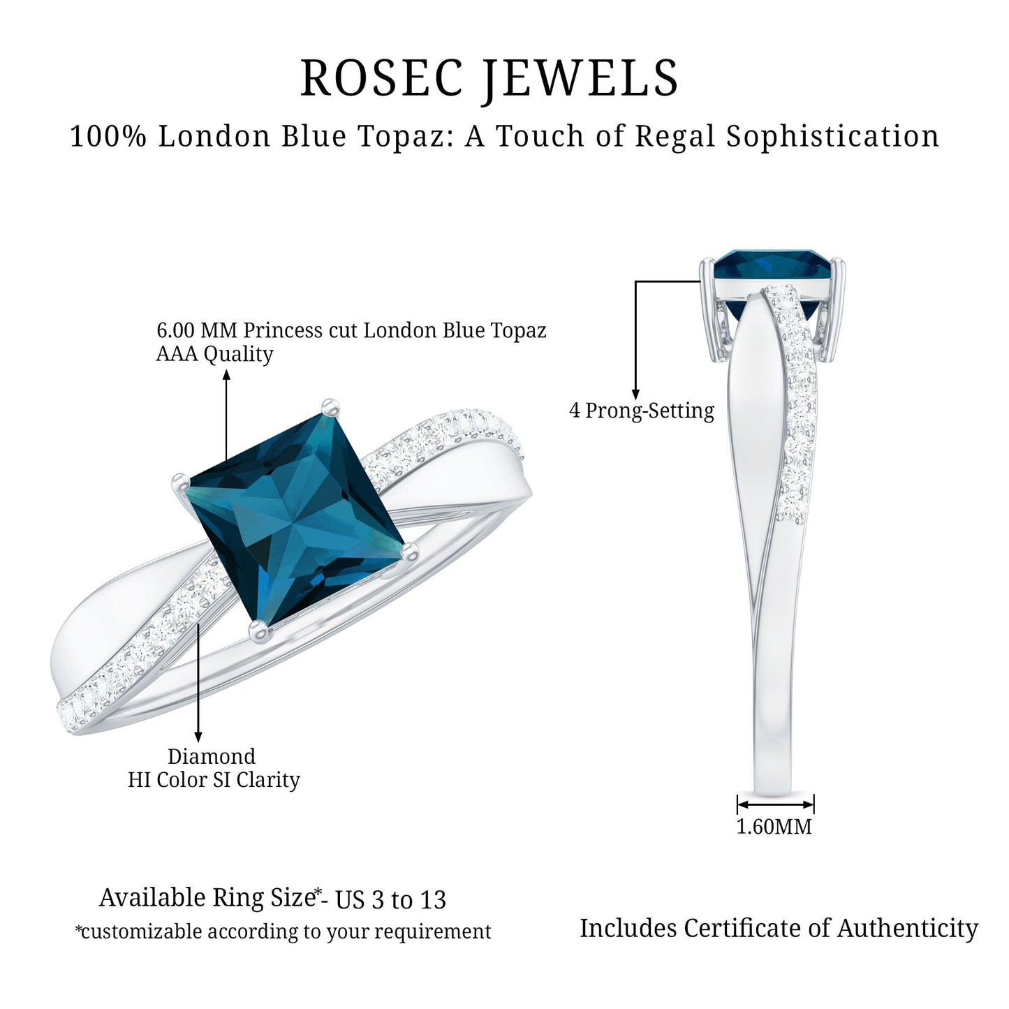 1 Carat Princess Cut London Blue Topaz Solitaire Engagement Ring For Women