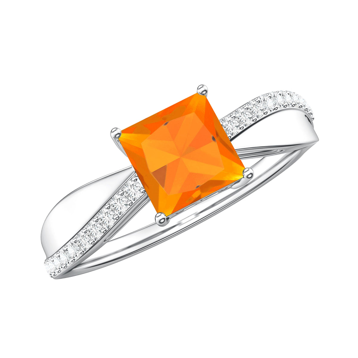 Princess Cut Fire Opal Solitaire Engagement Ring with Diamond