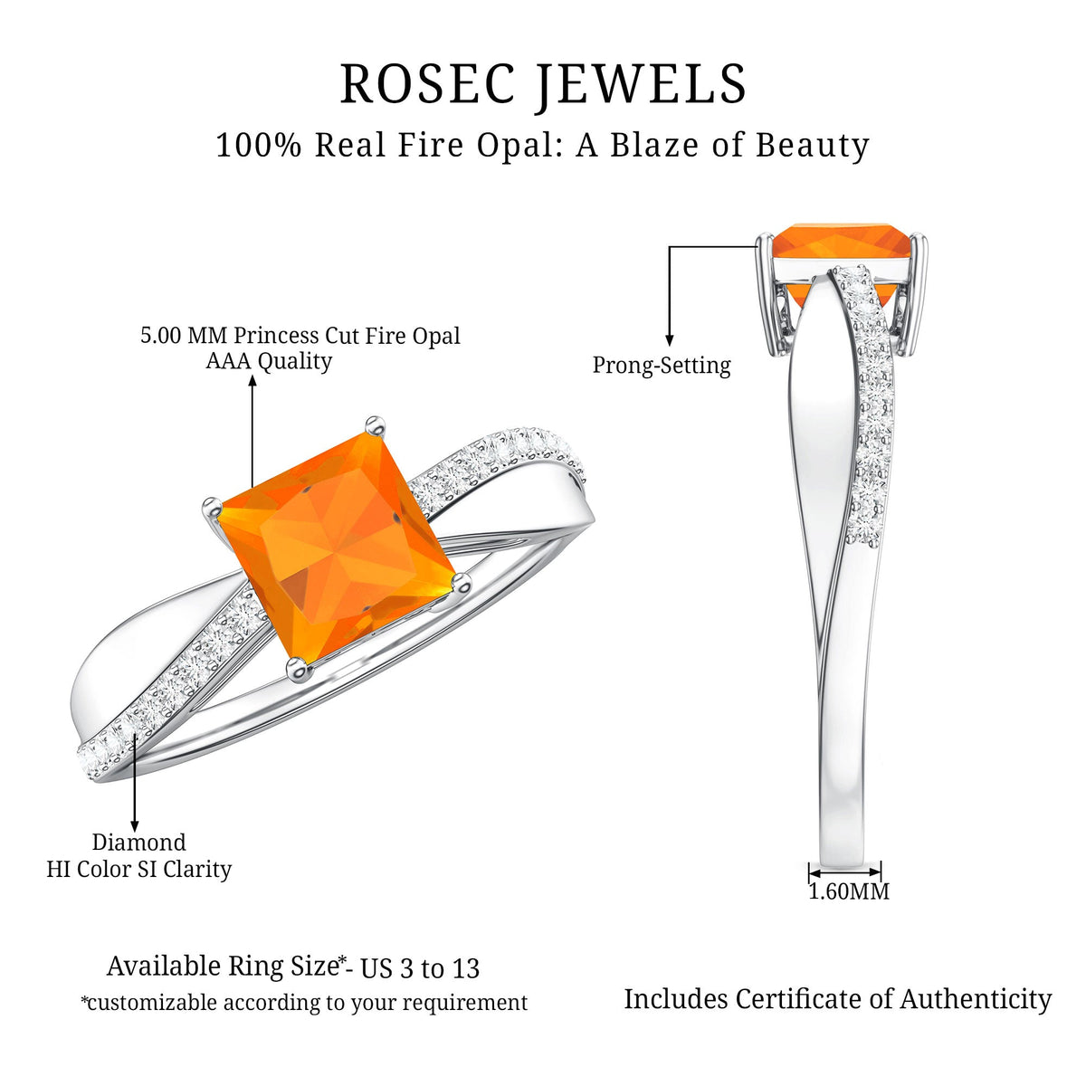 Princess Cut Fire Opal Solitaire Engagement Ring with Diamond