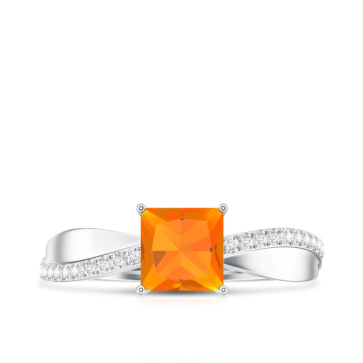 Princess Cut Fire Opal Solitaire Engagement Ring with Diamond