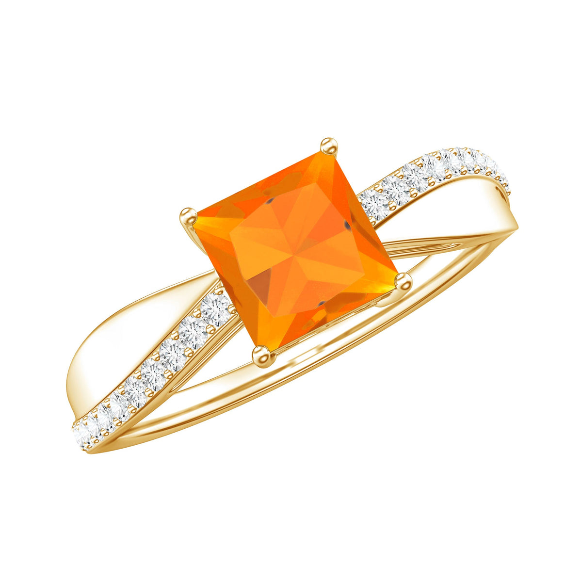 Princess Cut Fire Opal Solitaire Engagement Ring with Diamond