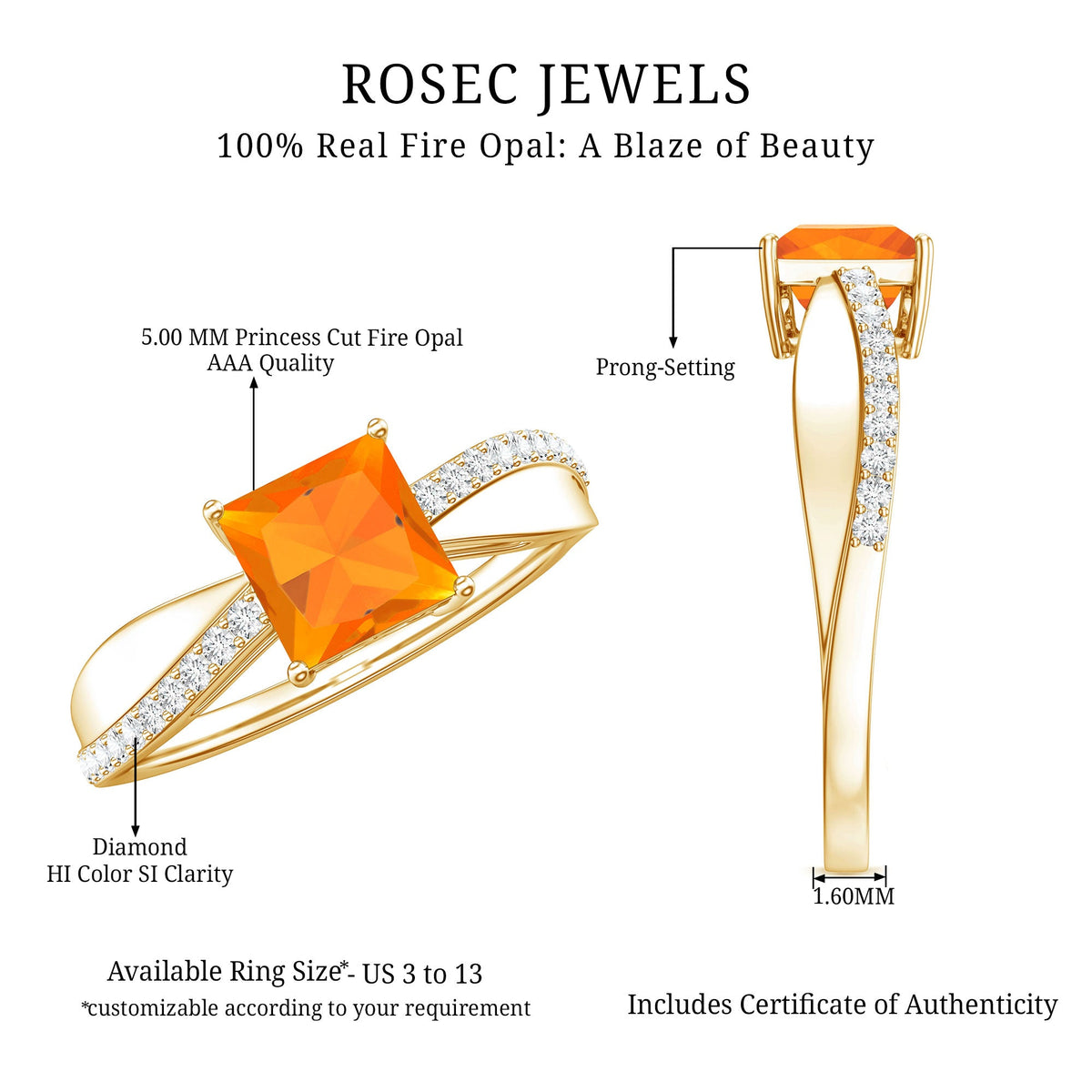 Princess Cut Fire Opal Solitaire Engagement Ring with Diamond
