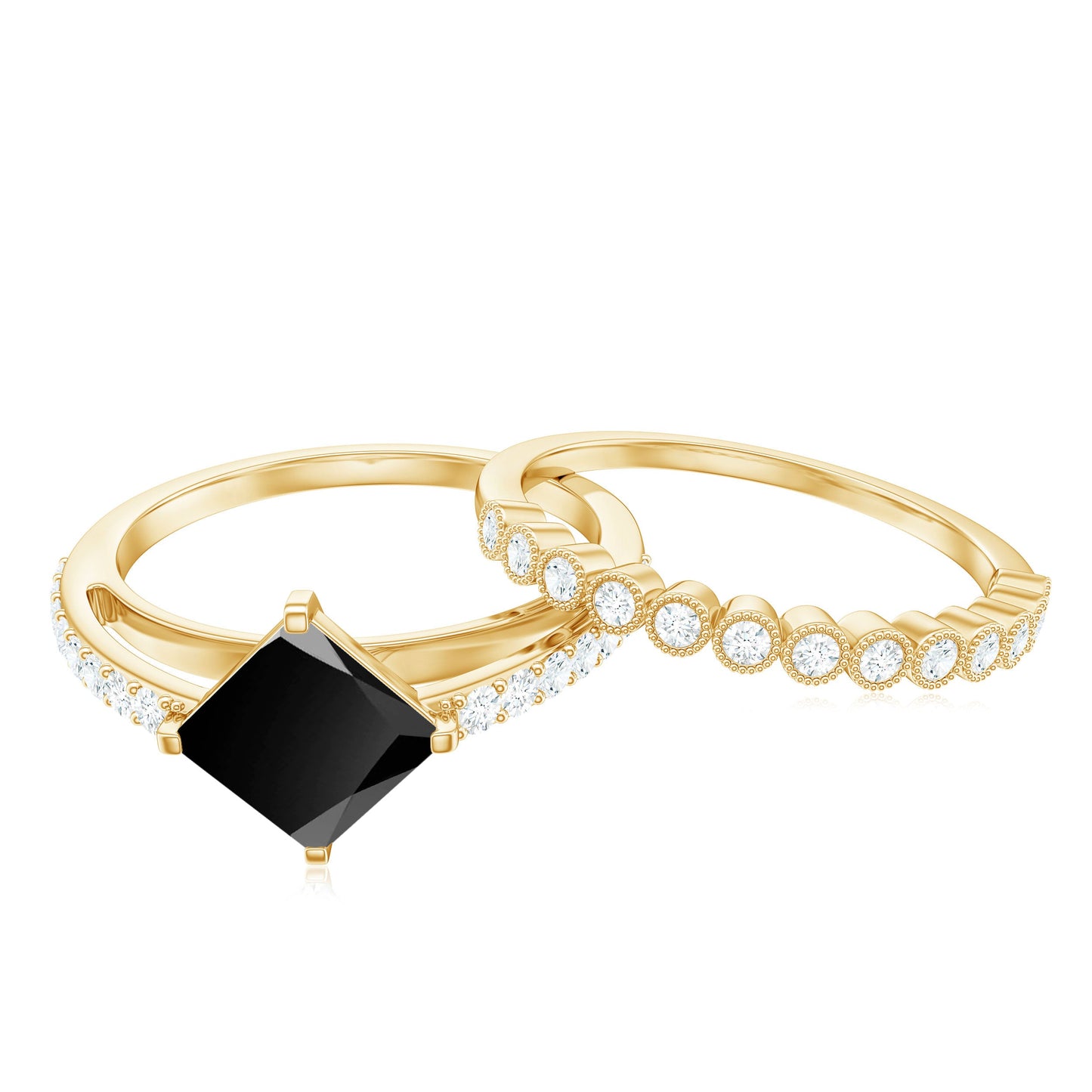 0.5 Carat Princess Cut Black Onyx Wedding Ring Set with Diamond Band