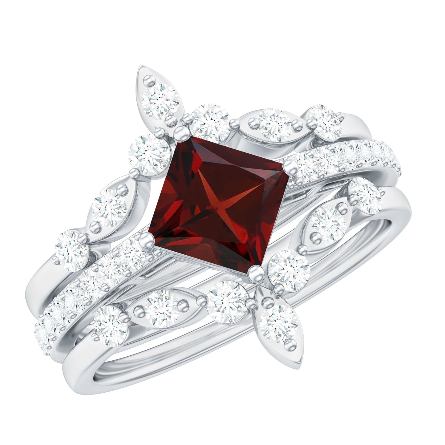 1.4 Carat Vintage Looking Princess Cut Garnet and Diamond 3 Piece Wedding Ring Set