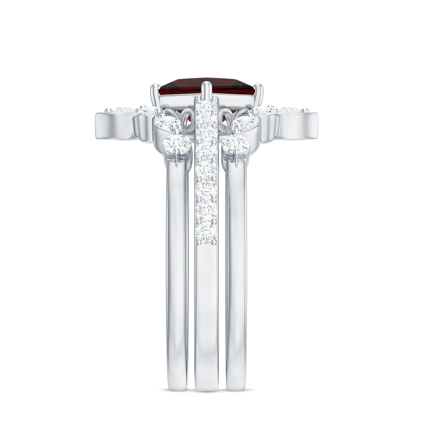 1.4 Carat Vintage Looking Princess Cut Garnet and Diamond 3 Piece Wedding Ring Set