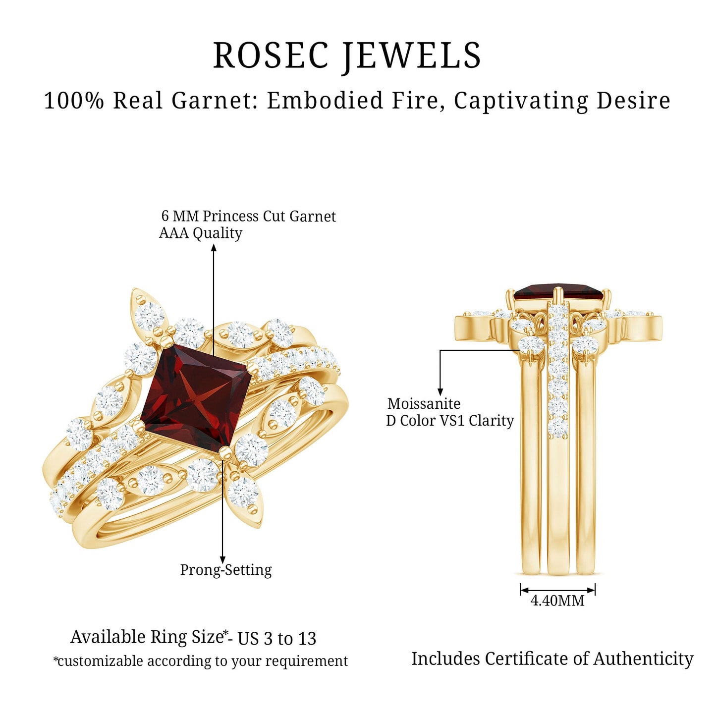 1.4 Carat Vintage Looking Princess Cut Garnet and Diamond 3 Piece Wedding Ring Set