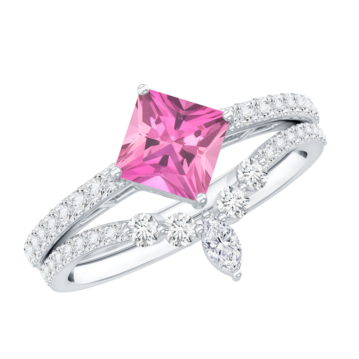 1 Carat Princess Cut Pink Tourmaline Wedding Ring Set with Diamonds